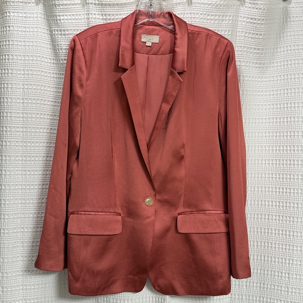 LOFT Satin Coral/salmon Pink Women's Blazer SZ 16P petite holiday wedding luxury - Picture 3 of 10
